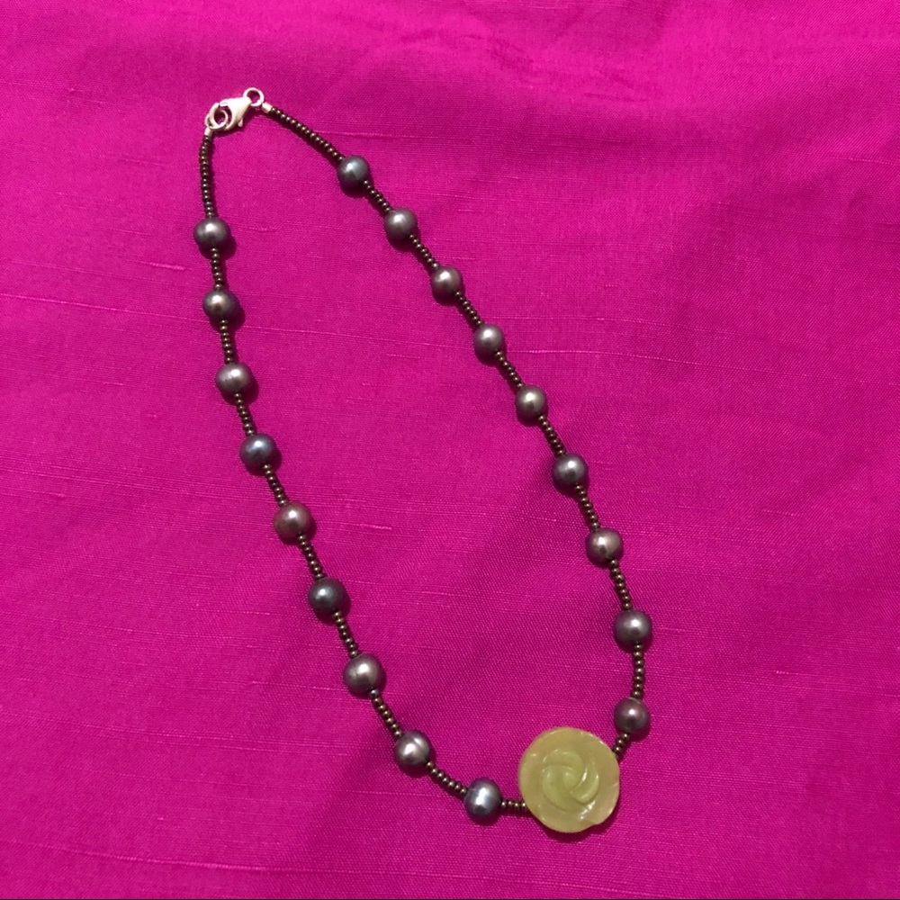 Faux Blue Pearl and Carved Flower Choker